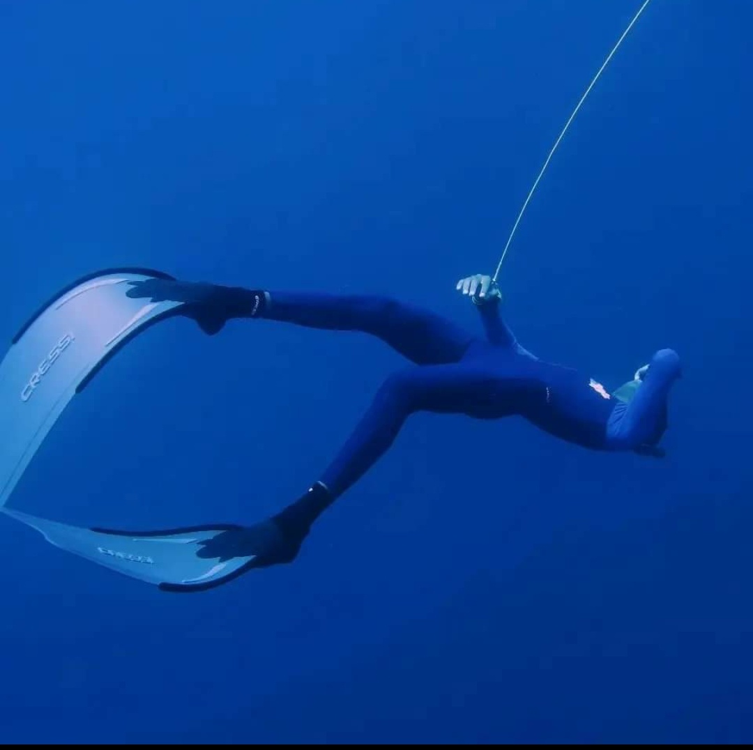 Suspended in still, silent blue water